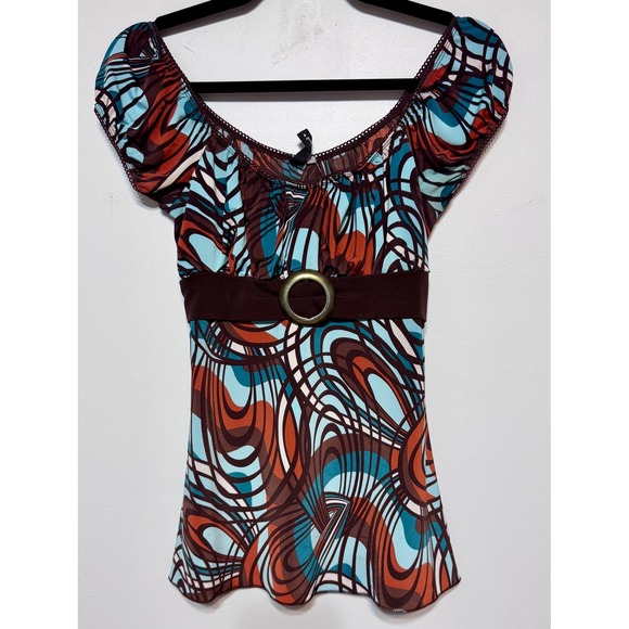 Vtg Y2K Psychedelic Swirl Babydoll Top Size Medium Boho Festival Peasant Retro - Picture 1 of 4